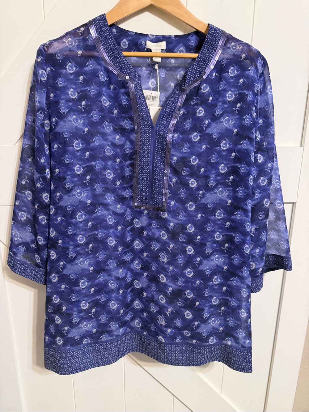 Chico's Indigo Blue Printed Beaded V-Neck Tunic Blouse 3/4 Sleeve Women’s 3 XL